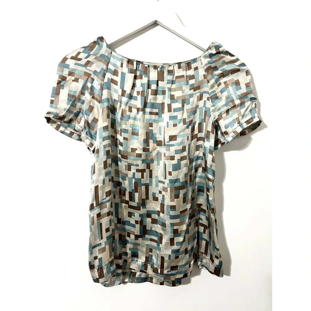 BANANA‎ REPUBLIC Brown Blue Silk Geometric Top Excellent 2010s Career Petite XS